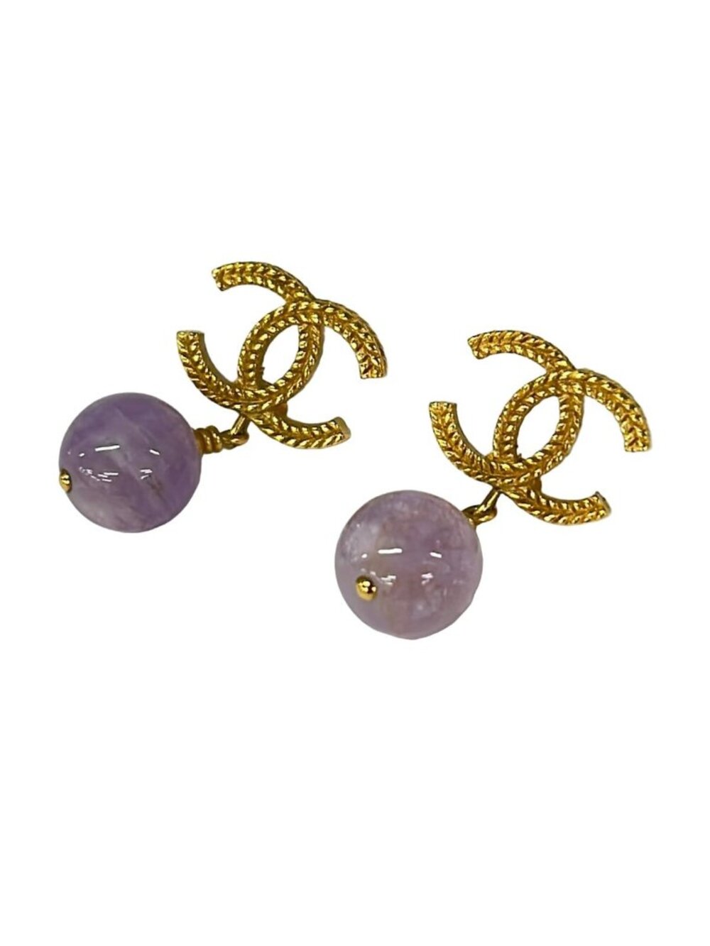 Chanel Earrings CC Logo Gold Light Purple Color Stone